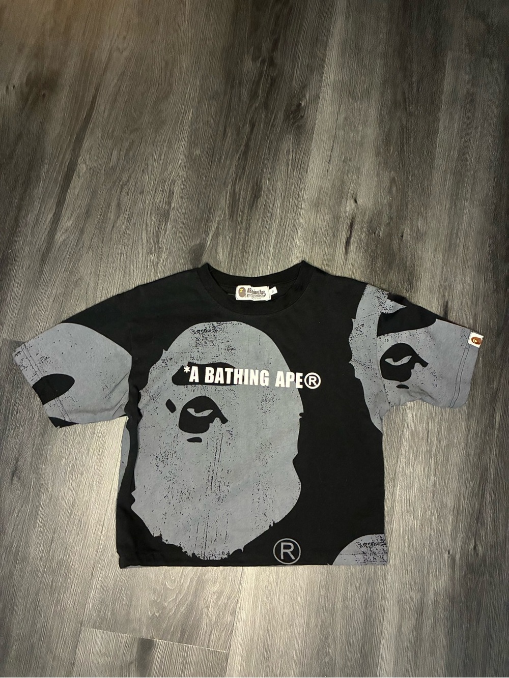 Bape Black & Gray Cropped Graphic Ape Tee